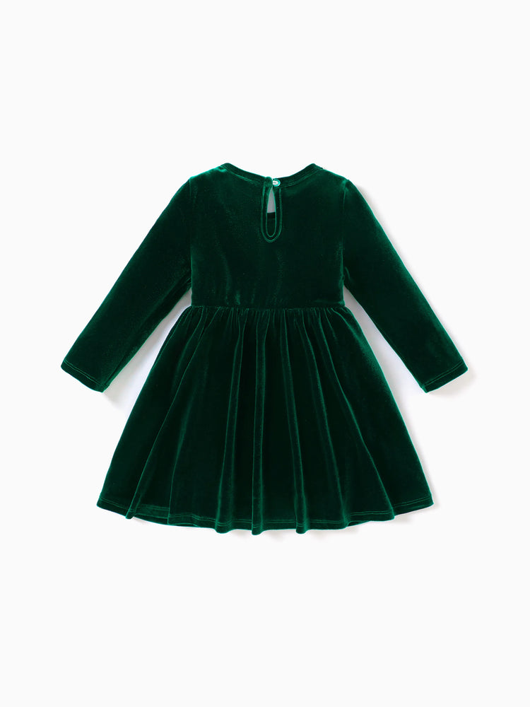 Ensemble de robe de Noël en velours de couleur unie pour petite fille, vert