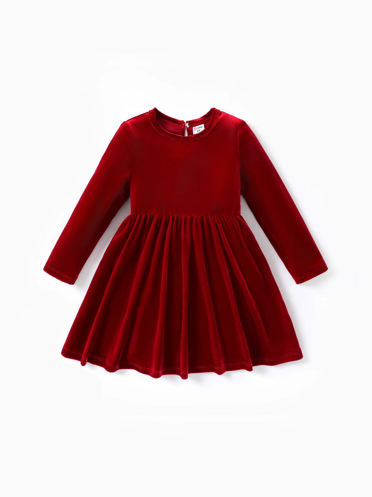 Christmas Sweet Toddler Girl Solid color Velvet material Dress Set Red