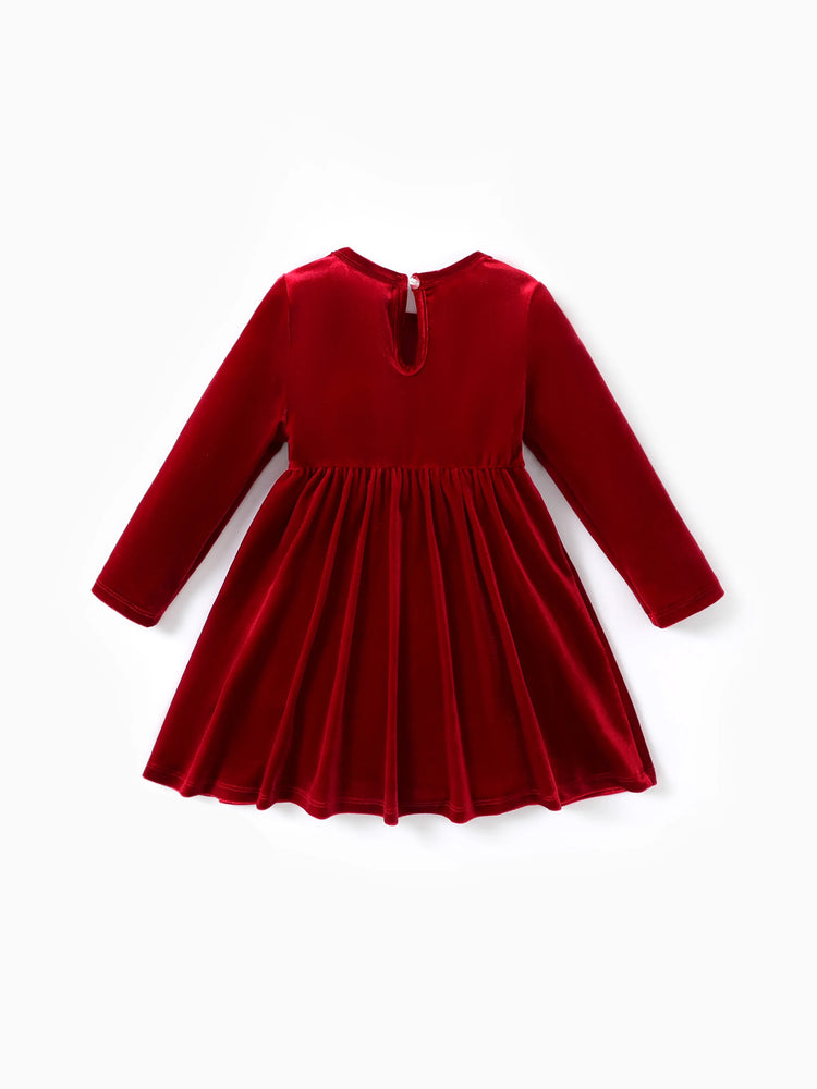 Christmas Sweet Toddler Girl Solid color Velvet material Dress Set Red