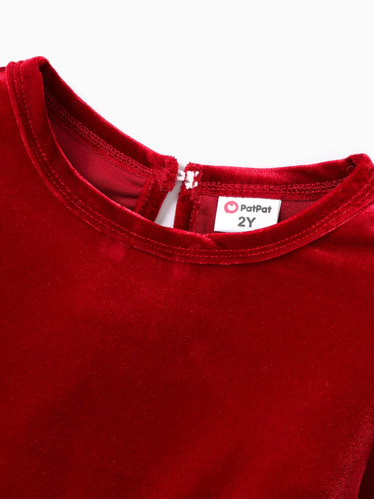Christmas Sweet Toddler Girl Solid color Velvet material Dress Set Red
