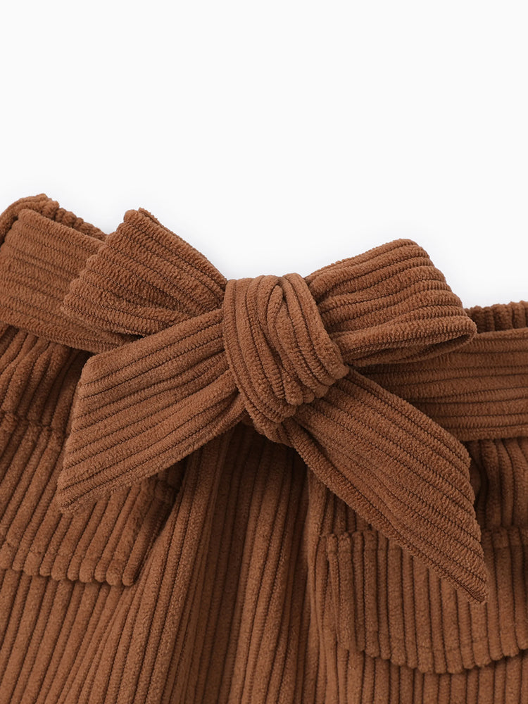 Ensemble 2 pièces pour bébé fille, haut à manches longues en dentelle et robe à ceinture, couleur unie, marron