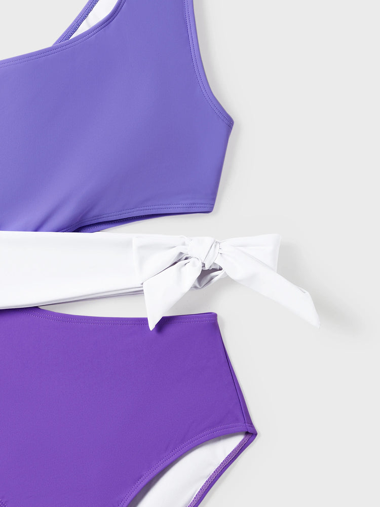 Traje de baño familiar de una pieza con nudo lateral y un solo hombro (secado rápido) ColorBlock
