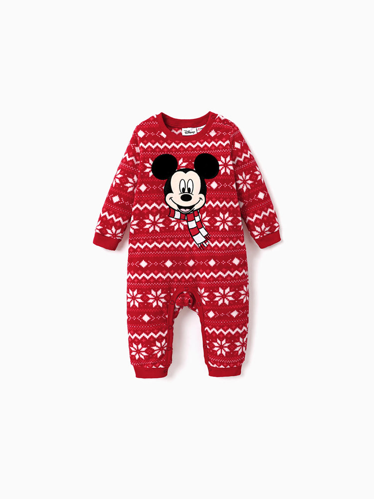 Disney Mickey and Friends Christmas Family Matching Snowflake Character Print Plush Crew Neck Sweatshirt Red
