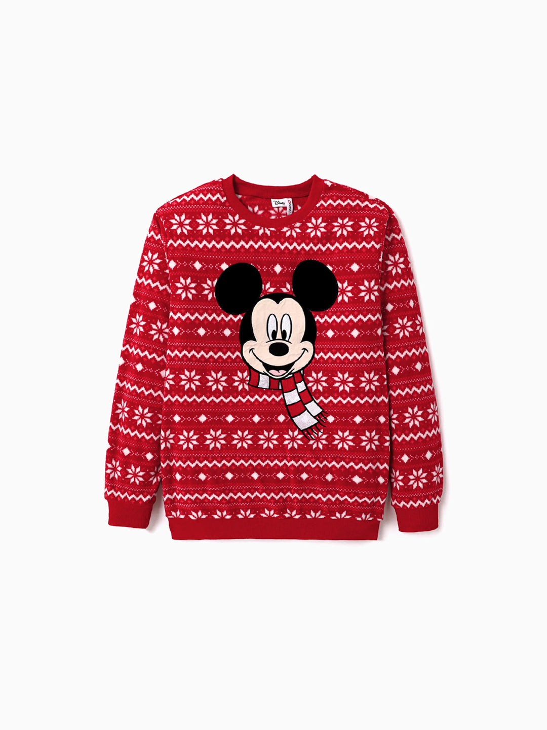 Sudadera de cuello redondo de felpa con estampado de copos de nieve de Disney Mickey y sus amigos para Navidad, color rojo