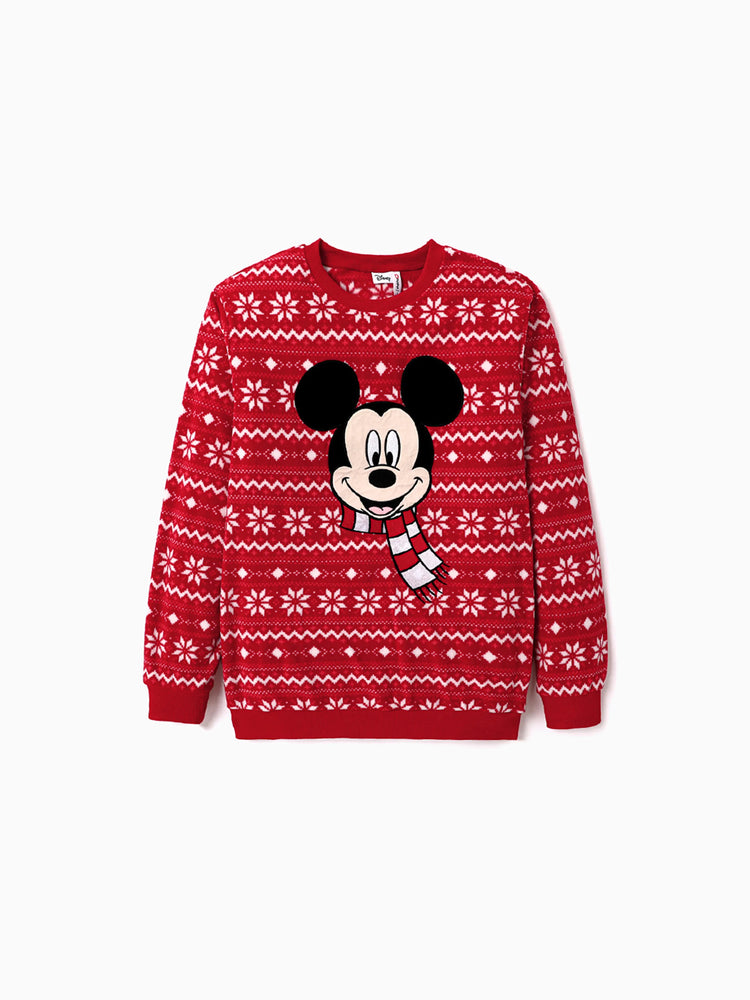 Disney Mickey and Friends Christmas Family Matching Snowflake Character Print Plush Crew Neck Sweatshirt Red