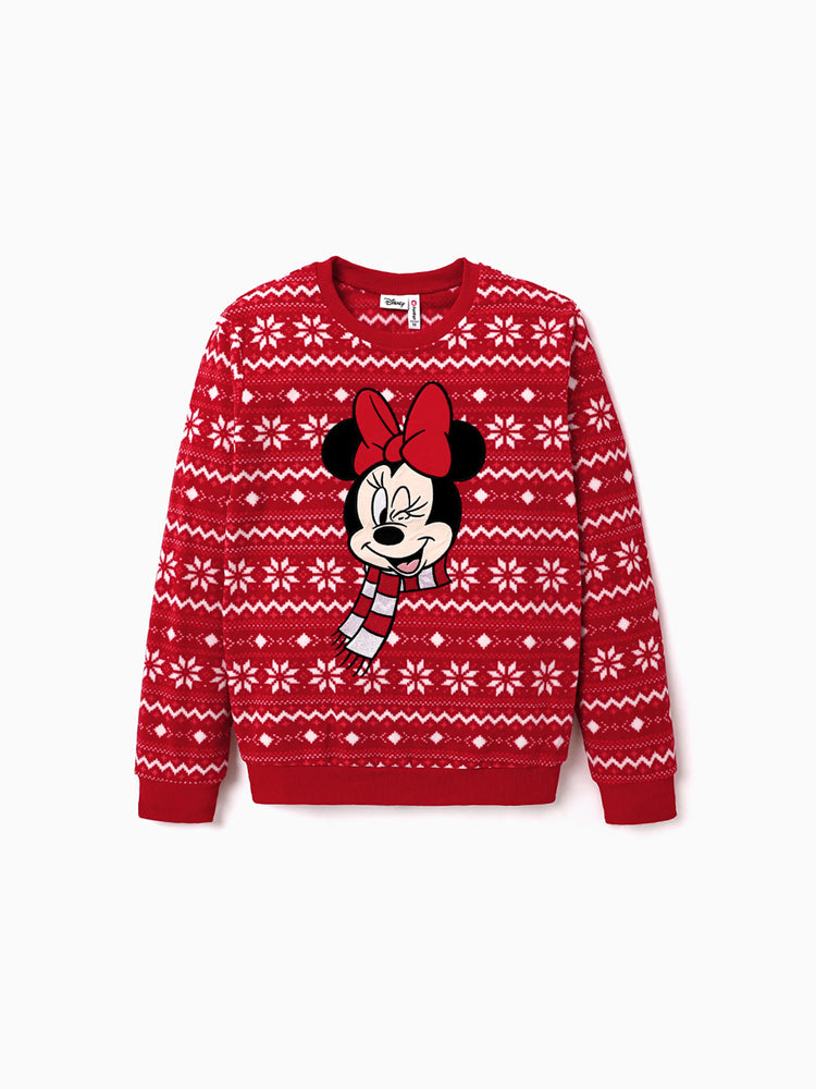 Disney Mickey and Friends Christmas Family Matching Snowflake Character Print Plush Crew Neck Sweatshirt Red