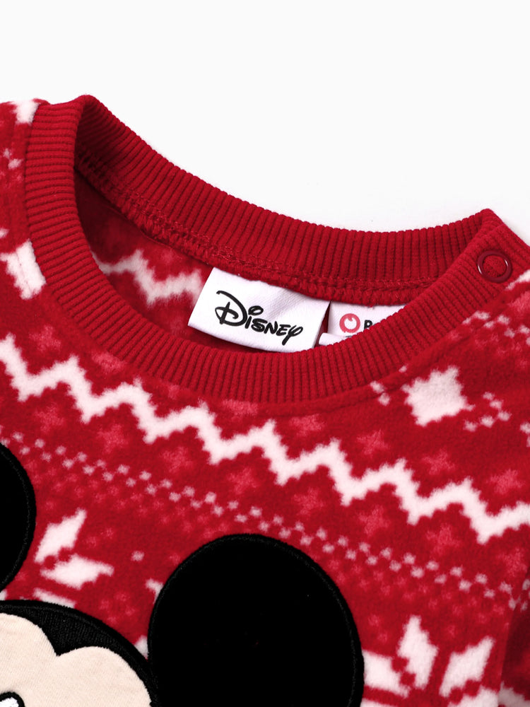 Disney Mickey and Friends Christmas Family Matching Snowflake Character Print Plush Crew Neck Sweatshirt Red
