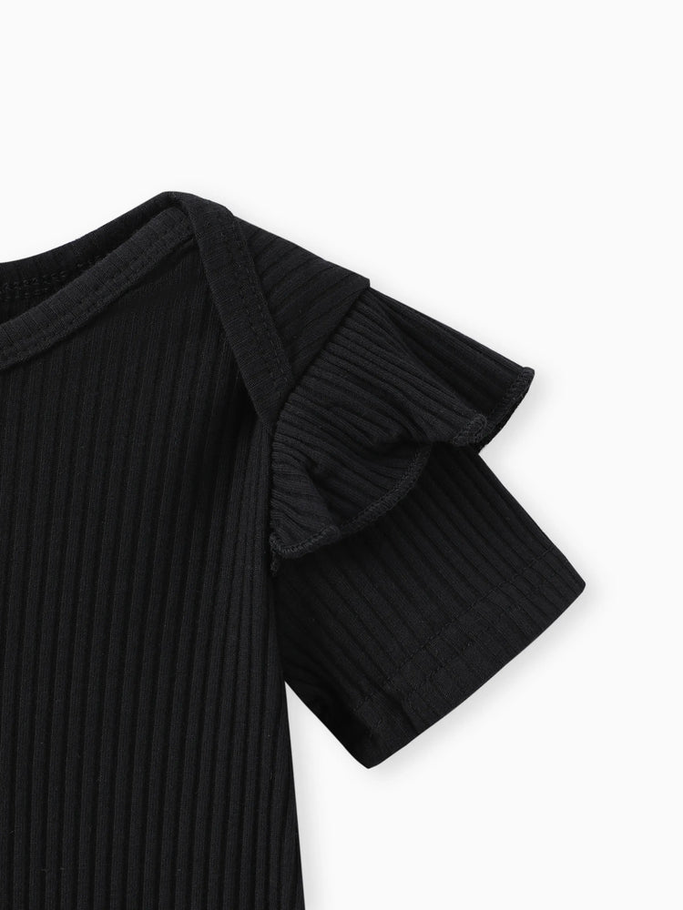 Ensemble 2 pièces pour bébé fille, barboteuse à volants style ours et salopette brodée à pois, noir