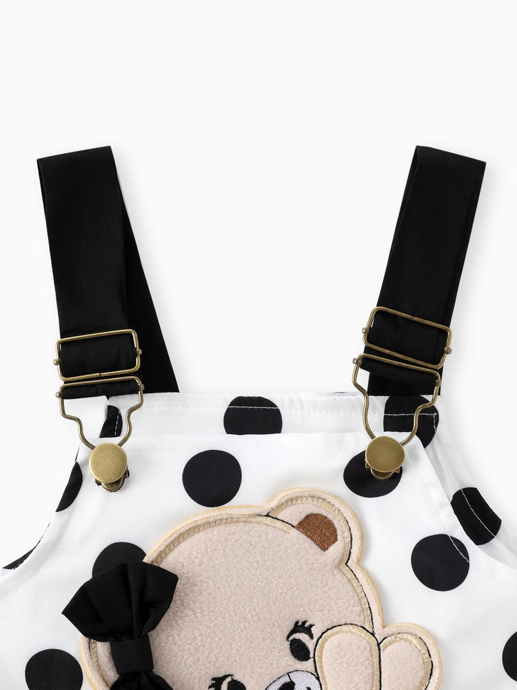 Ensemble 2 pièces pour bébé fille, barboteuse à volants style ours et salopette brodée à pois, noir