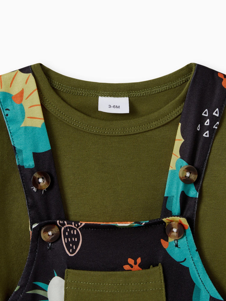 Ensemble 2 pièces pour bébé garçon, t-shirt uni à manches courtes et barboteuse à imprimé dinosaure, vert armée