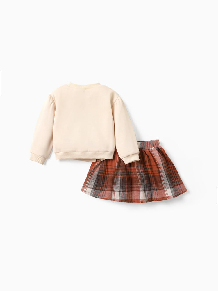 2-piece Toddler Girl Bowknot Design Sweatshirt and Plaid Skirt Set Apricot
