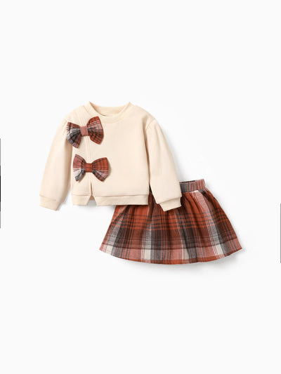 2-piece Toddler Girl Bowknot Design Sweatshirt and Plaid Skirt Set Apricot