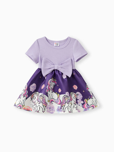 Baby Mädchen Colorblock Einhorn Muster Bowknot Kleid lila