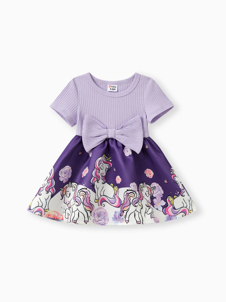Baby Girl Colorblock Unicorn Pattern Bowknot Dress Purple