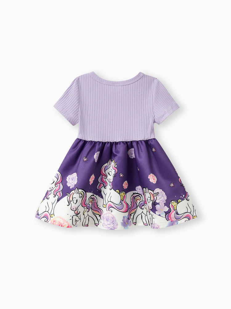 Baby Girl Colorblock Unicorn Pattern Bowknot Dress Purple