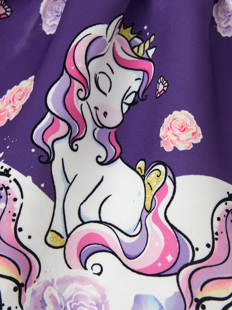 Baby Girl Colorblock Unicorn Pattern Bowknot Dress Purple