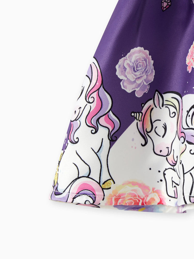 Baby Girl Colorblock Unicorn Pattern Bowknot Dress Purple