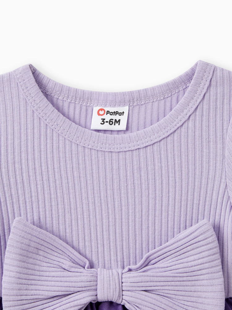 Baby Girl Colorblock Unicorn Pattern Bowknot Dress Purple