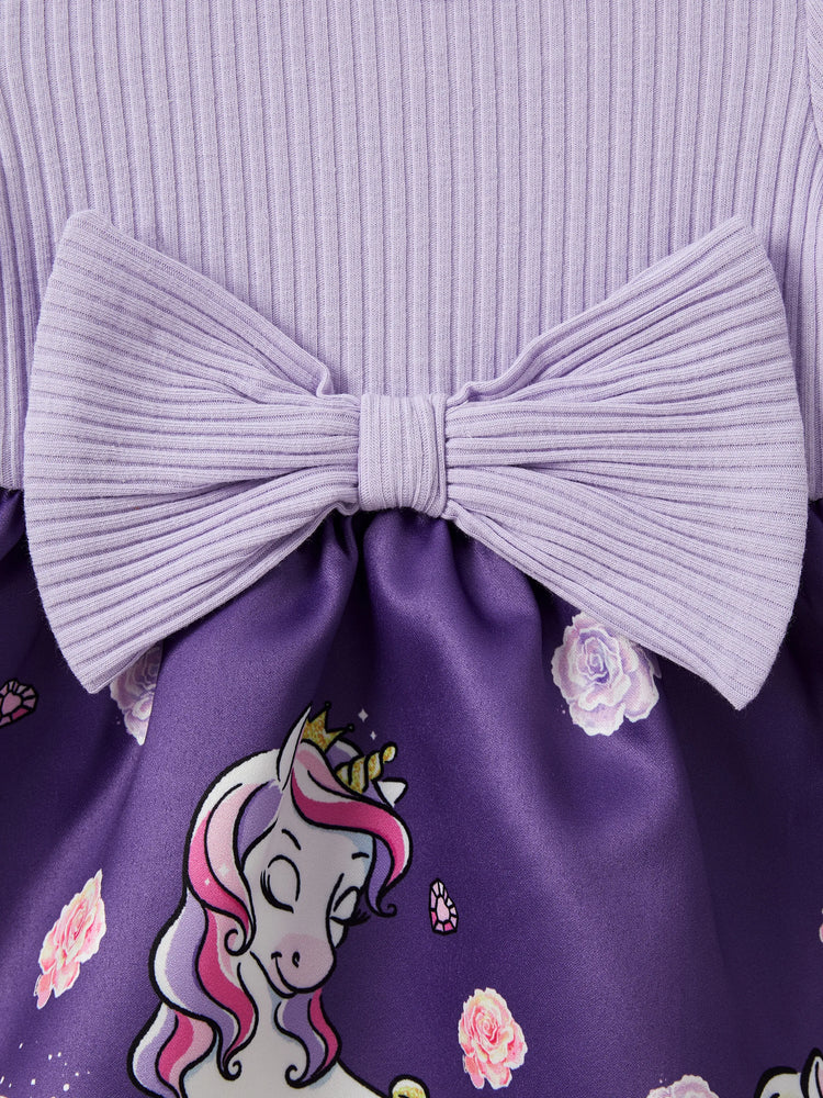 Baby Girl Colorblock Unicorn Pattern Bowknot Dress Purple