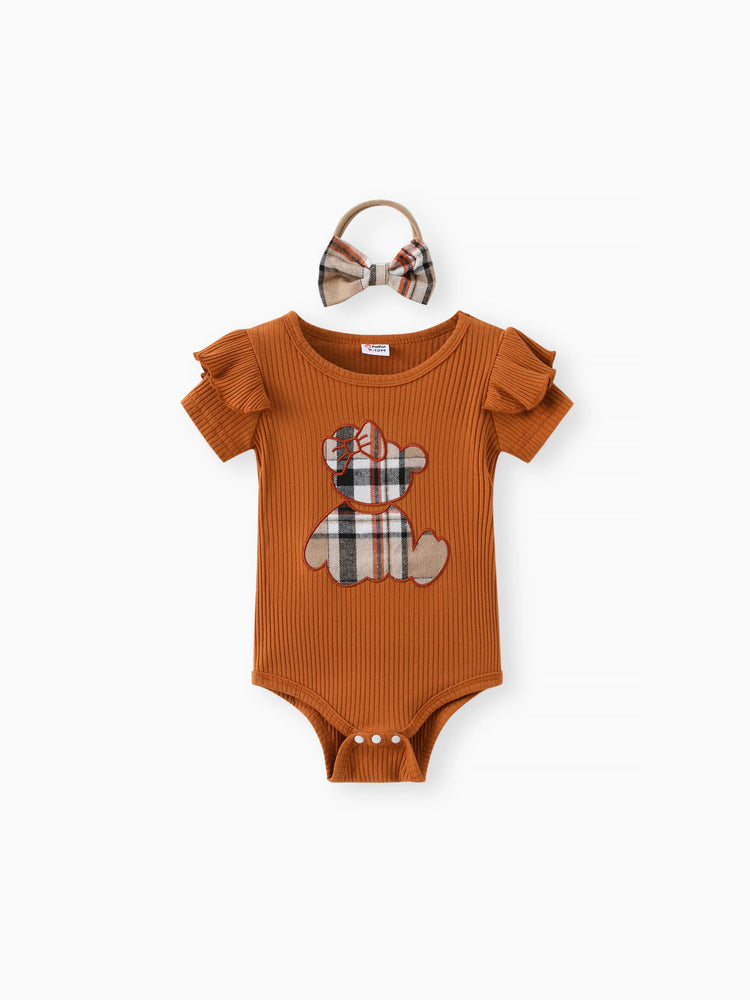 Ensemble 3 pièces pour bébé fille, barboteuse à volants brodée style ours, jupe à carreaux et bandeau, marron