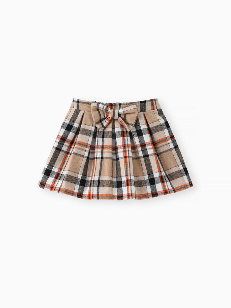 Ensemble 3 pièces pour bébé fille, barboteuse à volants brodée style ours, jupe à carreaux et bandeau, marron