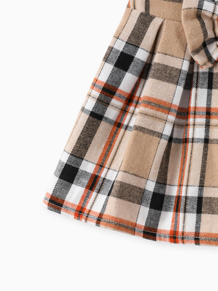 Ensemble 3 pièces pour bébé fille, barboteuse à volants brodée style ours, jupe à carreaux et bandeau, marron