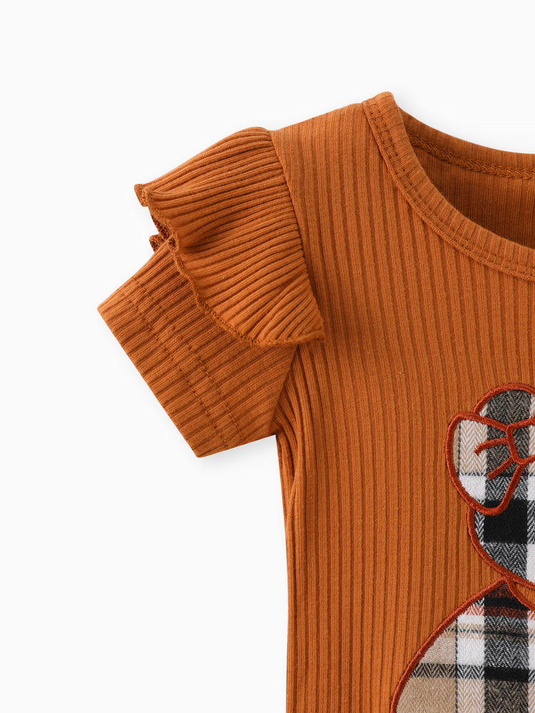 Ensemble 3 pièces pour bébé fille, barboteuse à volants brodée style ours, jupe à carreaux et bandeau, marron