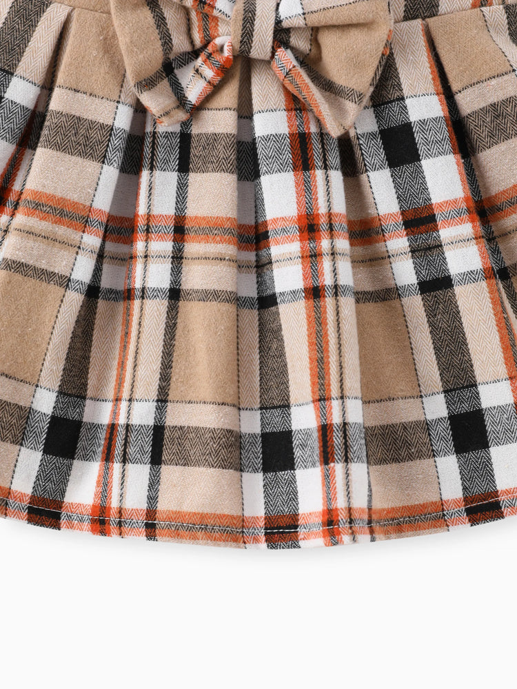 Ensemble 3 pièces pour bébé fille, barboteuse à volants brodée style ours, jupe à carreaux et bandeau, marron