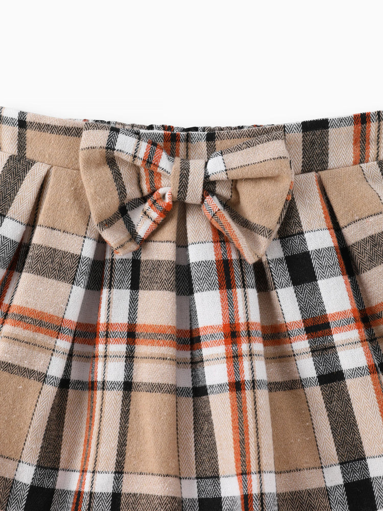 Ensemble 3 pièces pour bébé fille, barboteuse à volants brodée style ours, jupe à carreaux et bandeau, marron