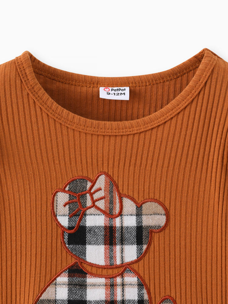 Ensemble 3 pièces pour bébé fille, barboteuse à volants brodée style ours, jupe à carreaux et bandeau, marron