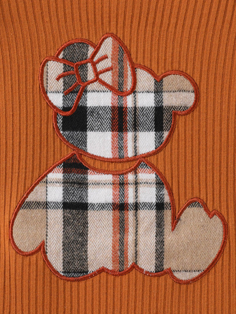 Ensemble 3 pièces pour bébé fille, barboteuse à volants brodée style ours, jupe à carreaux et bandeau, marron