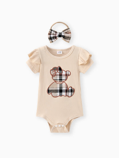 Baby Mädchen 3pcs Bär Stil bestickter gerüschter Strampler und karierter Rock mit Stirnband Set Beige