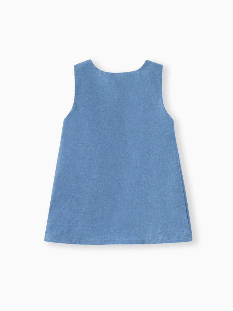 Baby Mädchen Giraffe Bowknot festes blaues Jeans-Behälterkleid Himmelblau