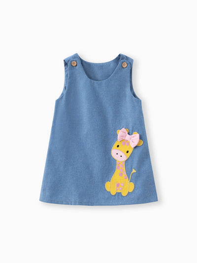 Baby Girl Giraffe Bowknot Solid Blue Denim Tank Dress Sky blue