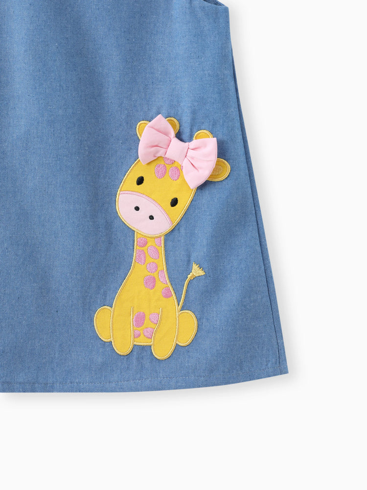 Baby Mädchen Giraffe Bowknot festes blaues Jeans-Behälterkleid Himmelblau