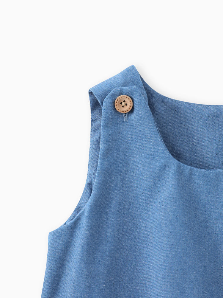 Baby Mädchen Giraffe Bowknot festes blaues Jeans-Behälterkleid Himmelblau