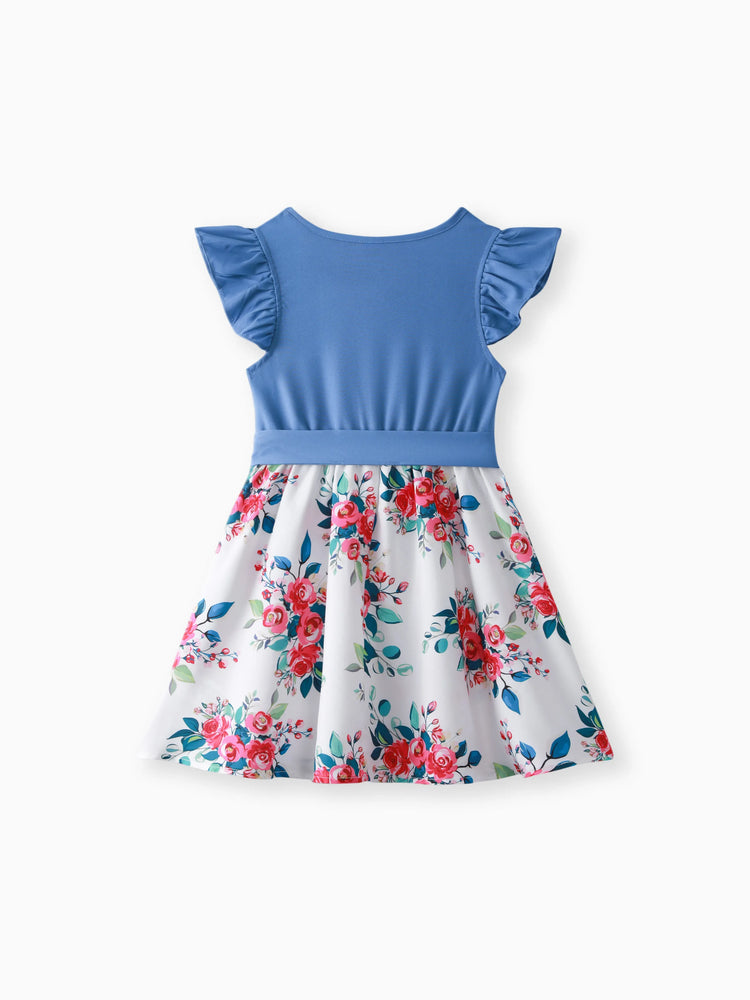 Robe à volants et imprimé floral pour fille, ceinture et manches flottantes, bleu
