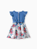 Robe à volants et imprimé floral pour fille, ceinture et manches flottantes, bleu