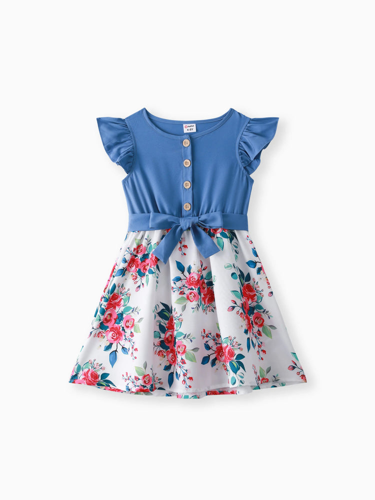 Robe à volants et imprimé floral pour fille, ceinture et manches flottantes, bleu