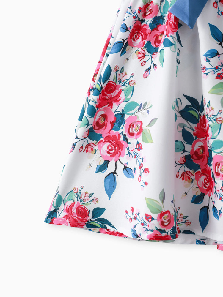 Robe à volants et imprimé floral pour fille, ceinture et manches flottantes, bleu