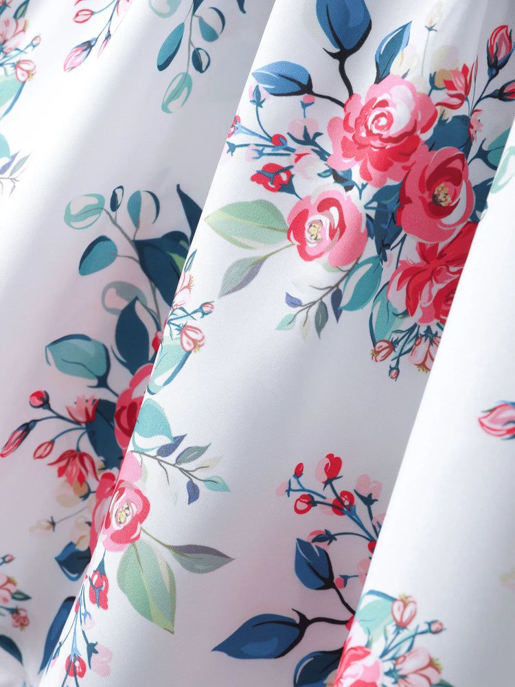 Robe à volants et imprimé floral pour fille, ceinture et manches flottantes, bleu