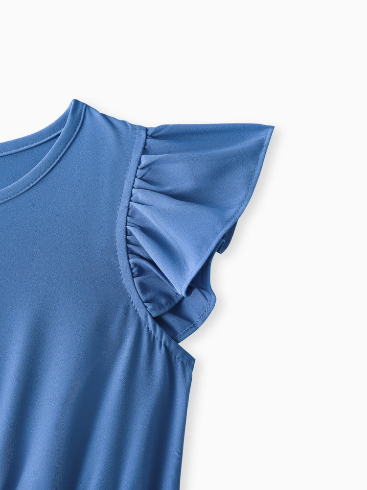 Robe à volants et imprimé floral pour fille, ceinture et manches flottantes, bleu