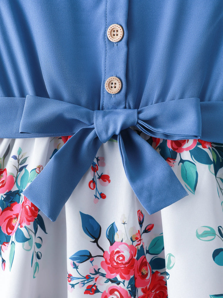 Robe à volants et imprimé floral pour fille, ceinture et manches flottantes, bleu