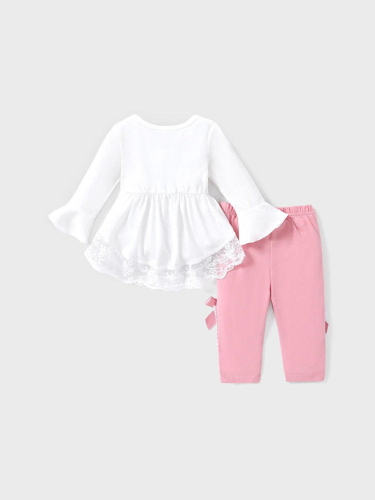 Ensemble 2 pièces pour bébé fille, manches longues, dentelle et nœud papillon, blanc