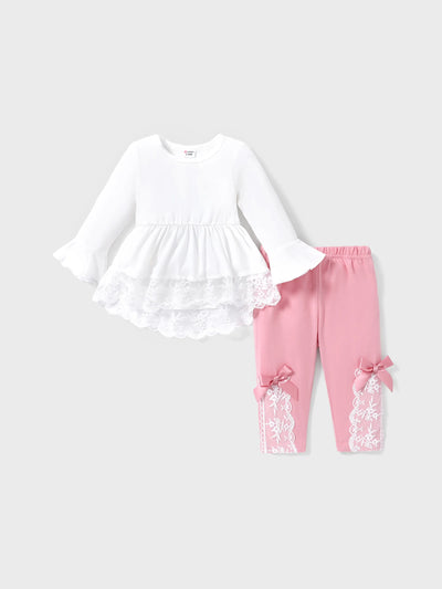 Ensemble 2 pièces pour bébé fille, manches longues, dentelle et nœud papillon, blanc