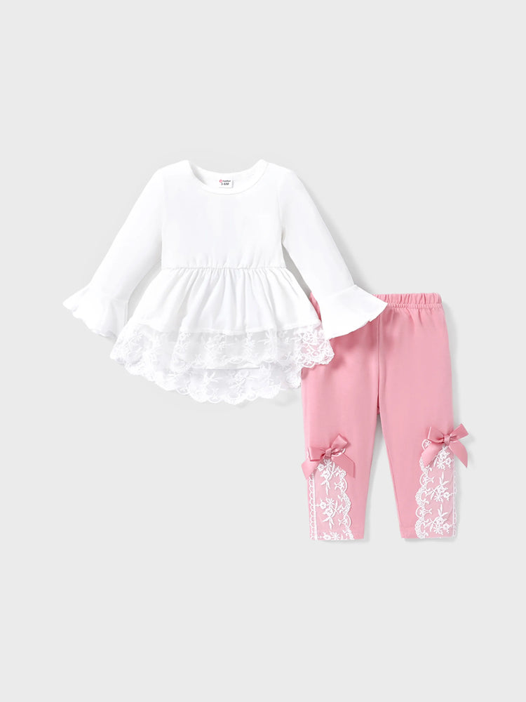 Ensemble 2 pièces pour bébé fille, manches longues, dentelle et nœud papillon, blanc