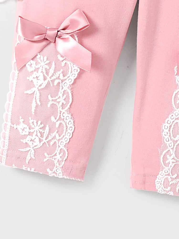 Ensemble 2 pièces pour bébé fille, manches longues, dentelle et nœud papillon, blanc