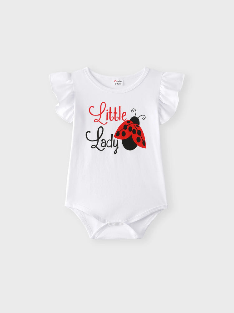 3pcs Baby Girl 95% Cotton Ruffle Sleeve Letter Print Romper and Ladybugs Print Shorts with Headband Set White