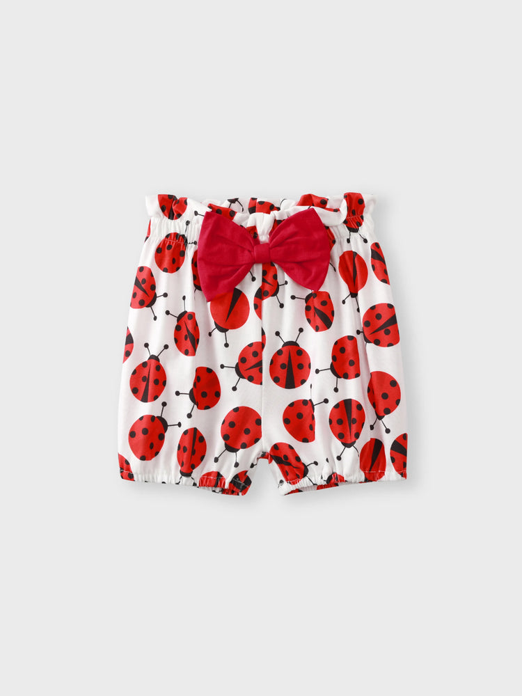 3pcs Baby Girl 95% Cotton Ruffle Sleeve Letter Print Romper and Ladybugs Print Shorts with Headband Set White