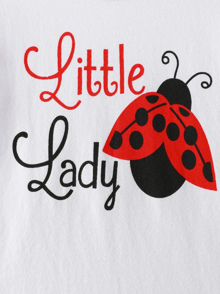 3pcs Baby Girl 95% Cotton Ruffle Sleeve Letter Print Romper and Ladybugs Print Shorts with Headband Set White